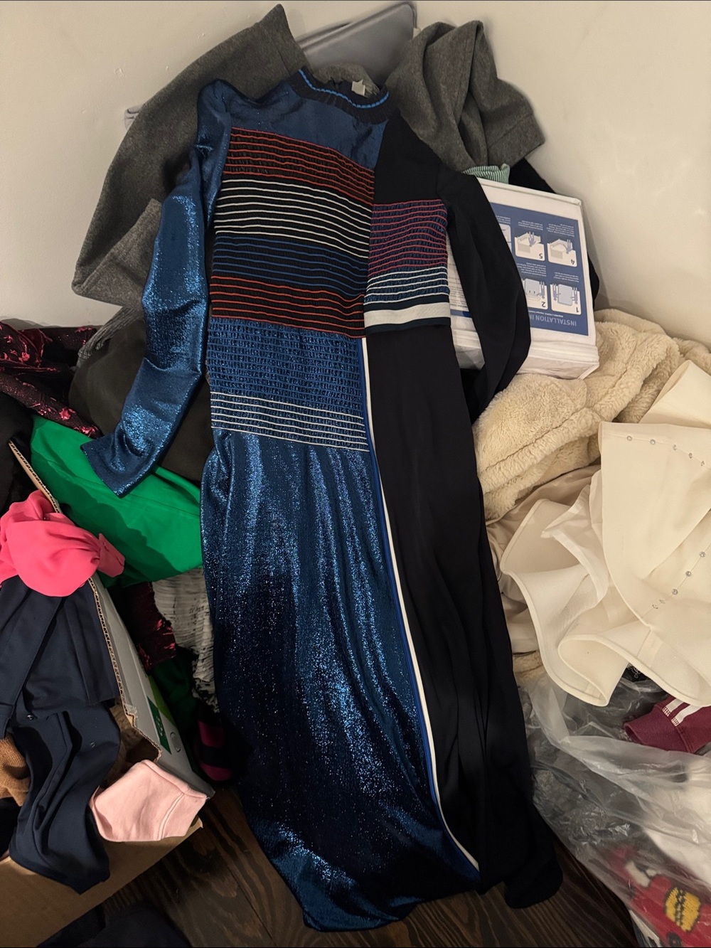 Sportmax Shimmering Navy and Black Long Sleeve Stripe Panel Dress